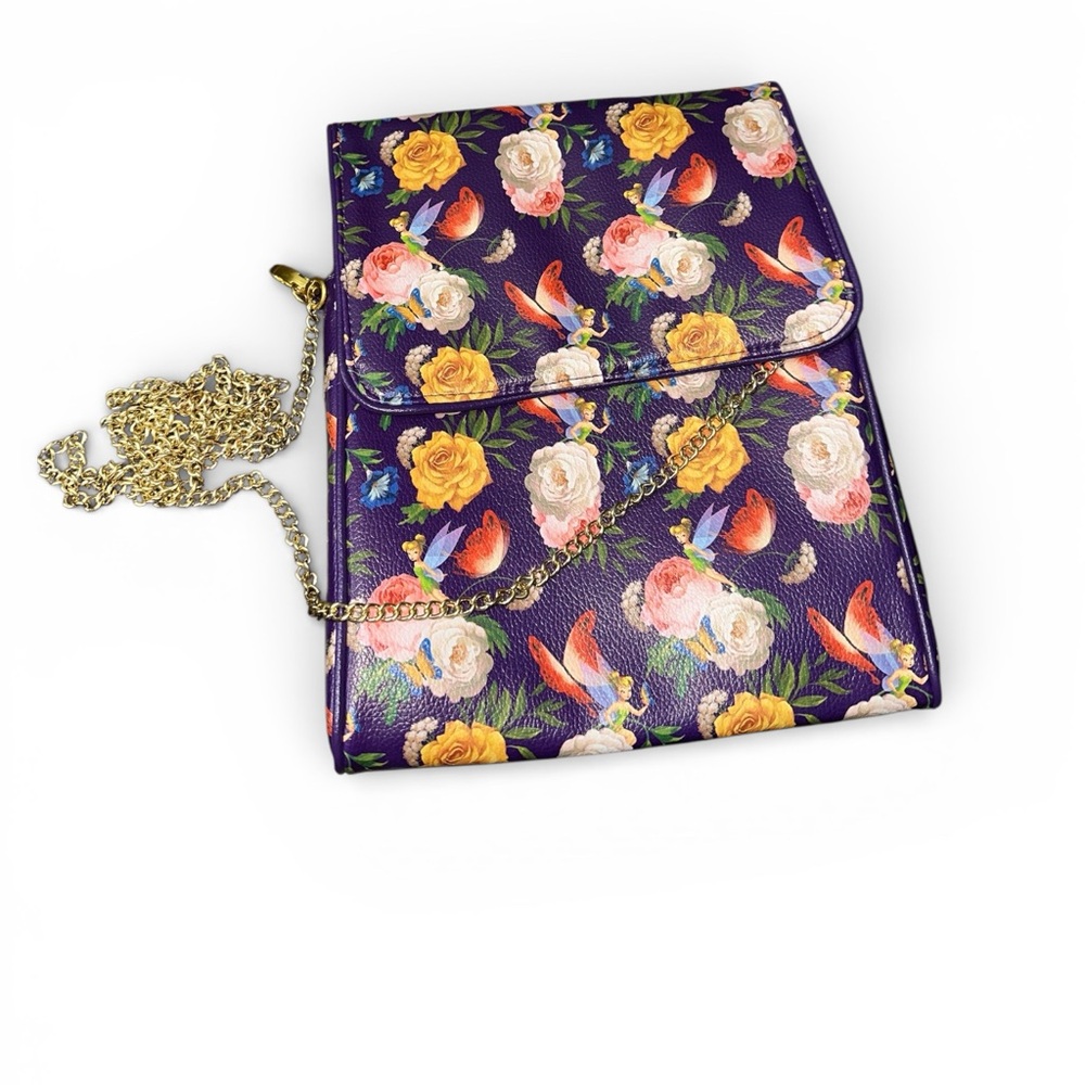 Disney Parks Original Tinkerbell Purple‎ Floral Crossbody/Tablet Bag Gold Chain